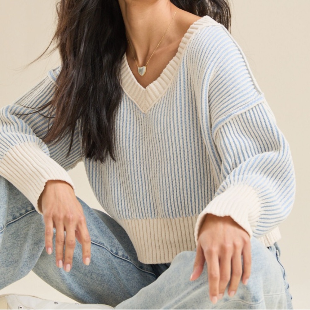 Altar’d State Fiora Matte Chenille Cream Blue Sweater Cropped Oversized